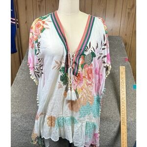 Z&L Europe Floral Print Airy 100% Cotton Pom-Pom Caftan Swim Cover Up Large‎